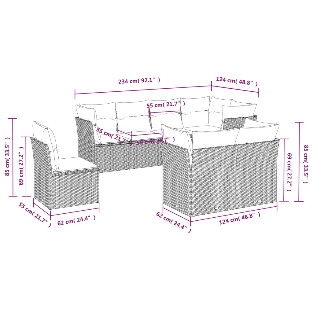 8-tlg. Garten-Sofagarnitur mit Kissen Schwarz Poly Rattan