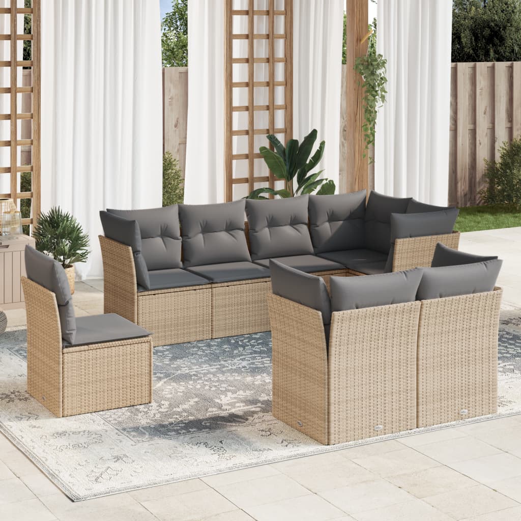 8-tlg. Garten-Sofagarnitur mit Kissen Beige Poly Rattan