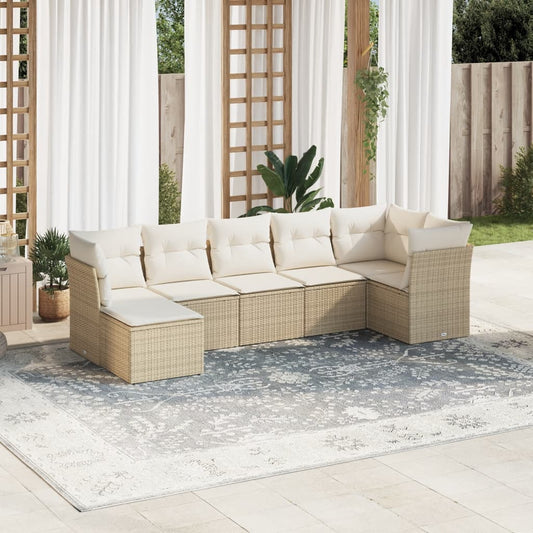 7-tlg. Garten-Sofagarnitur mit Kissen Beige Poly Rattan