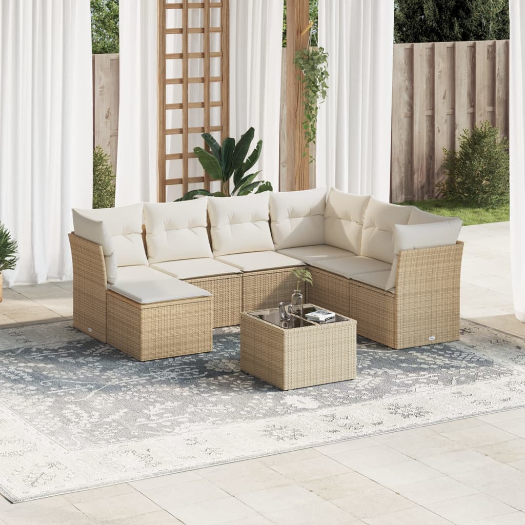 8-tlg. Garten-Sofagarnitur mit Kissen Beige Poly Rattan