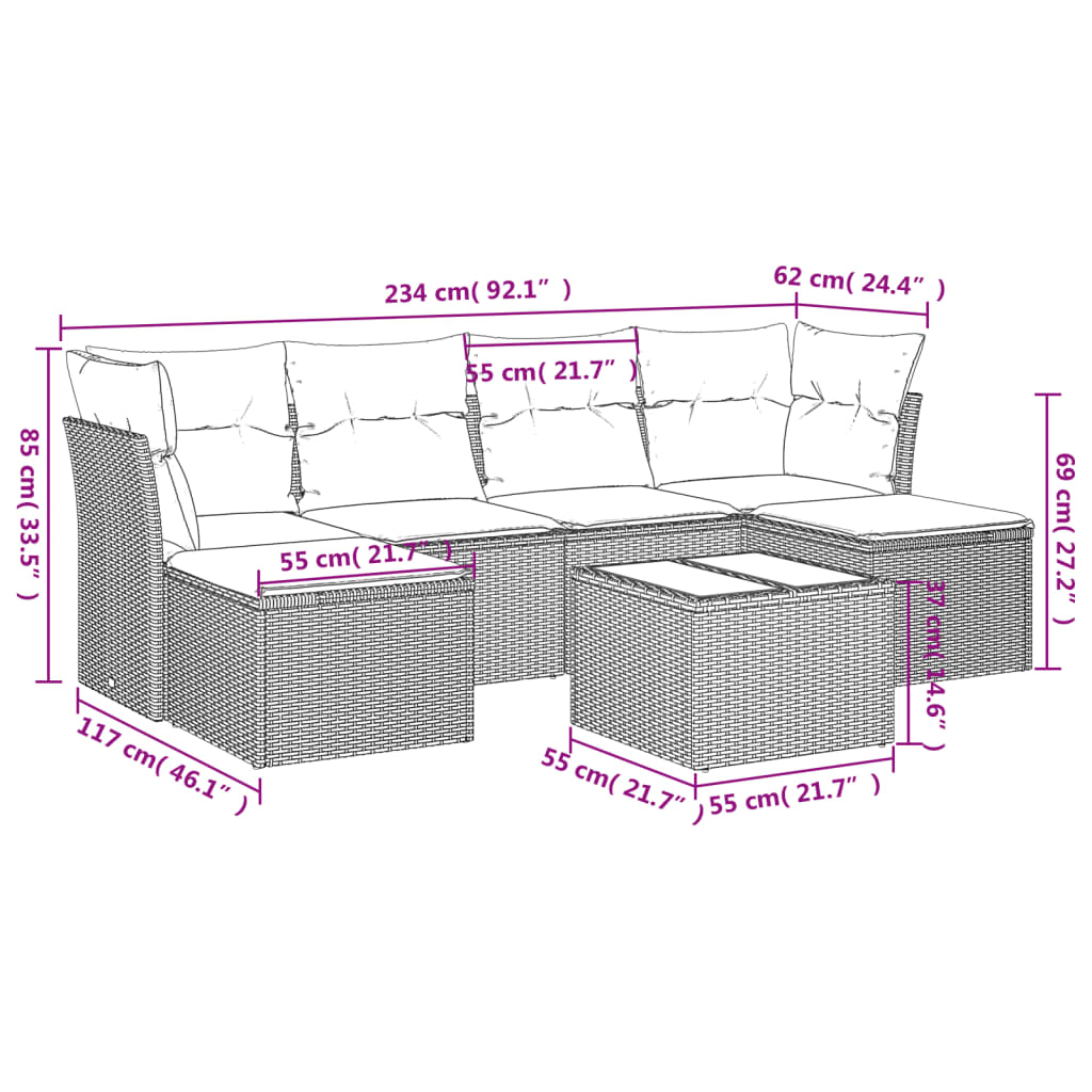 7-tlg. Garten-Sofagarnitur mit Kissen Braun Poly Rattan