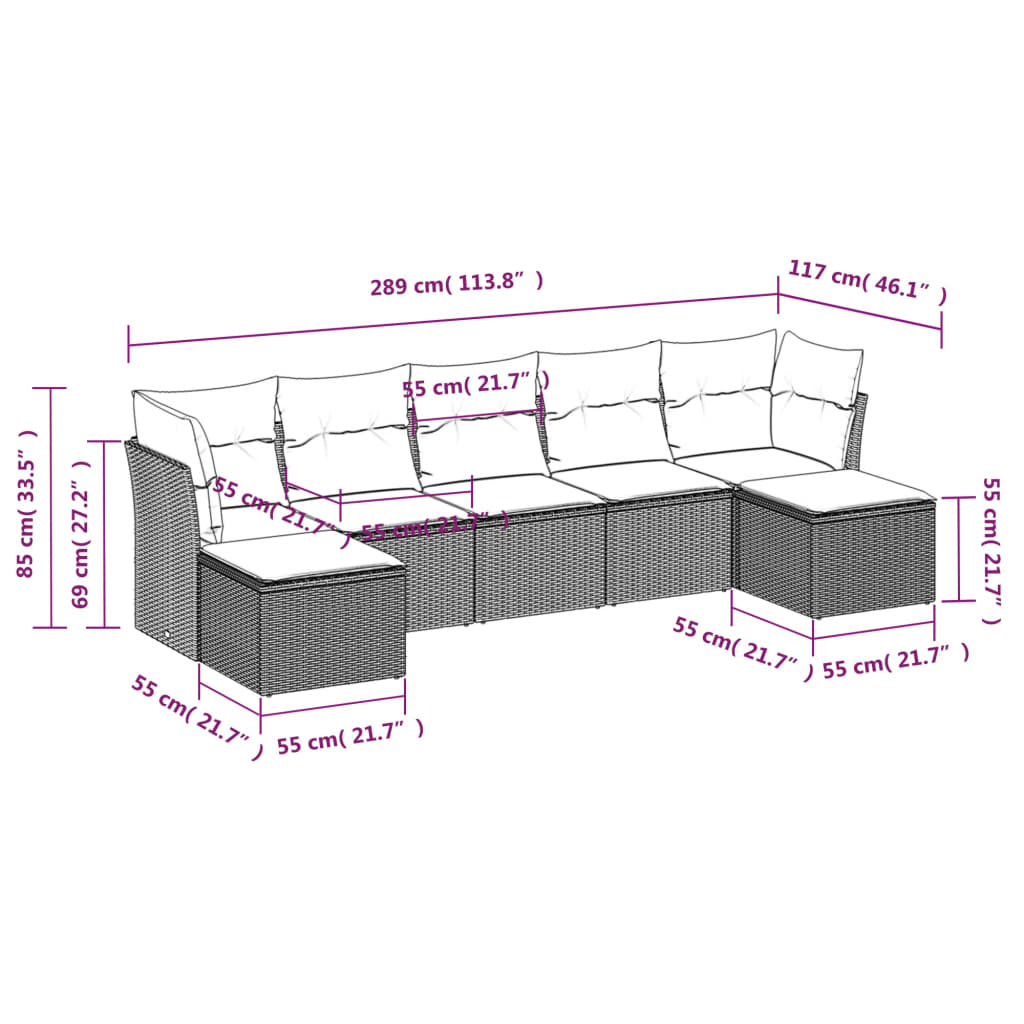 7-tlg. Garten-Sofagarnitur mit Kissen Grau Poly Rattan