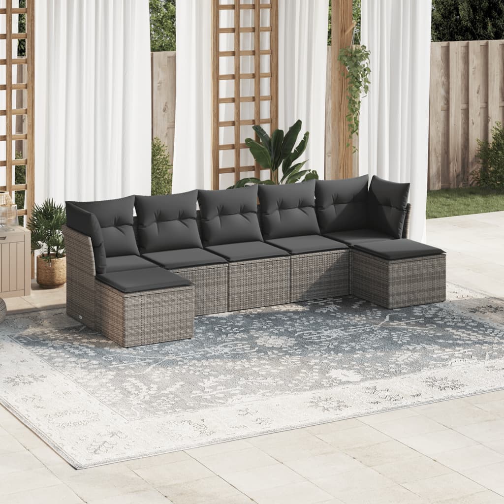 7-tlg. Garten-Sofagarnitur mit Kissen Grau Poly Rattan