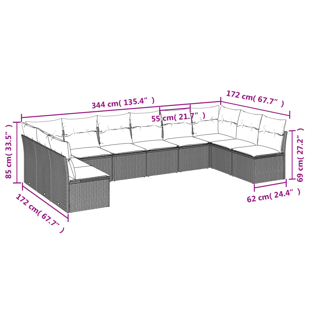 10-tlg. Garten-Sofagarnitur mit Kissen Hellgrau Poly Rattan