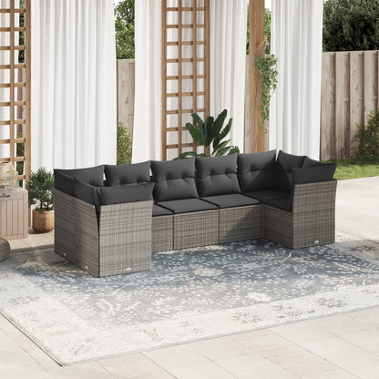 7-tlg. Garten-Sofagarnitur mit Kissen Grau Poly Rattan