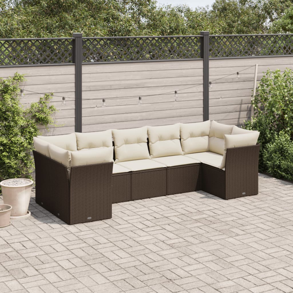 7-tlg. Garten-Sofagarnitur mit Kissen Braun Poly Rattan