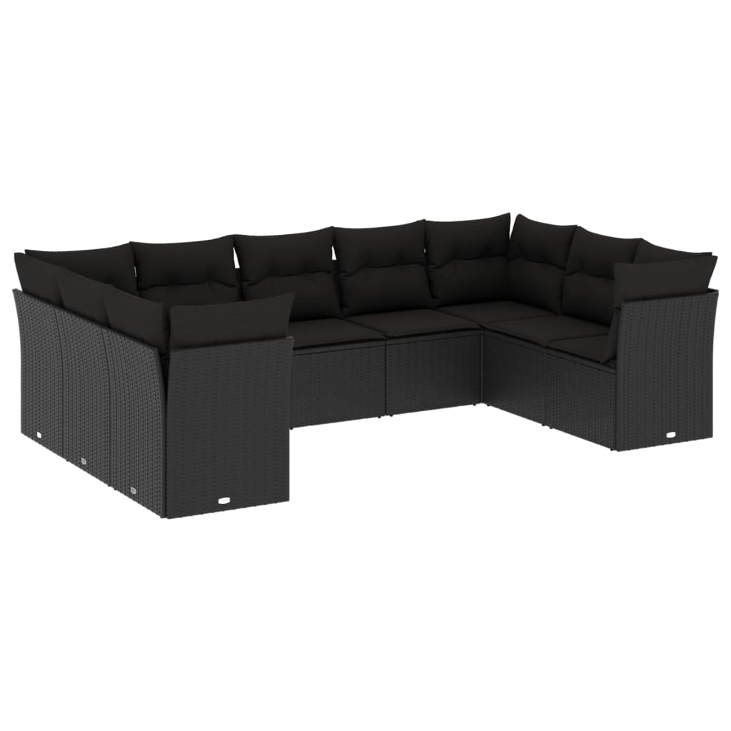 9-tlg. Garten-Sofagarnitur mit Kissen Schwarz Poly Rattan