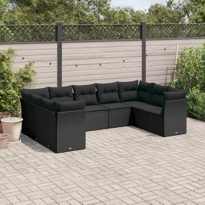 9-tlg. Garten-Sofagarnitur mit Kissen Schwarz Poly Rattan