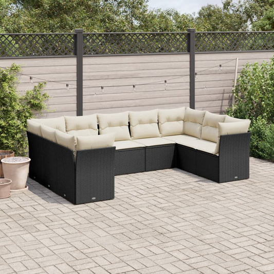 9-tlg. Garten-Sofagarnitur mit Kissen Schwarz Poly Rattan