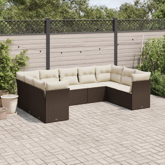 9-tlg. Garten-Sofagarnitur mit Kissen Braun Poly Rattan