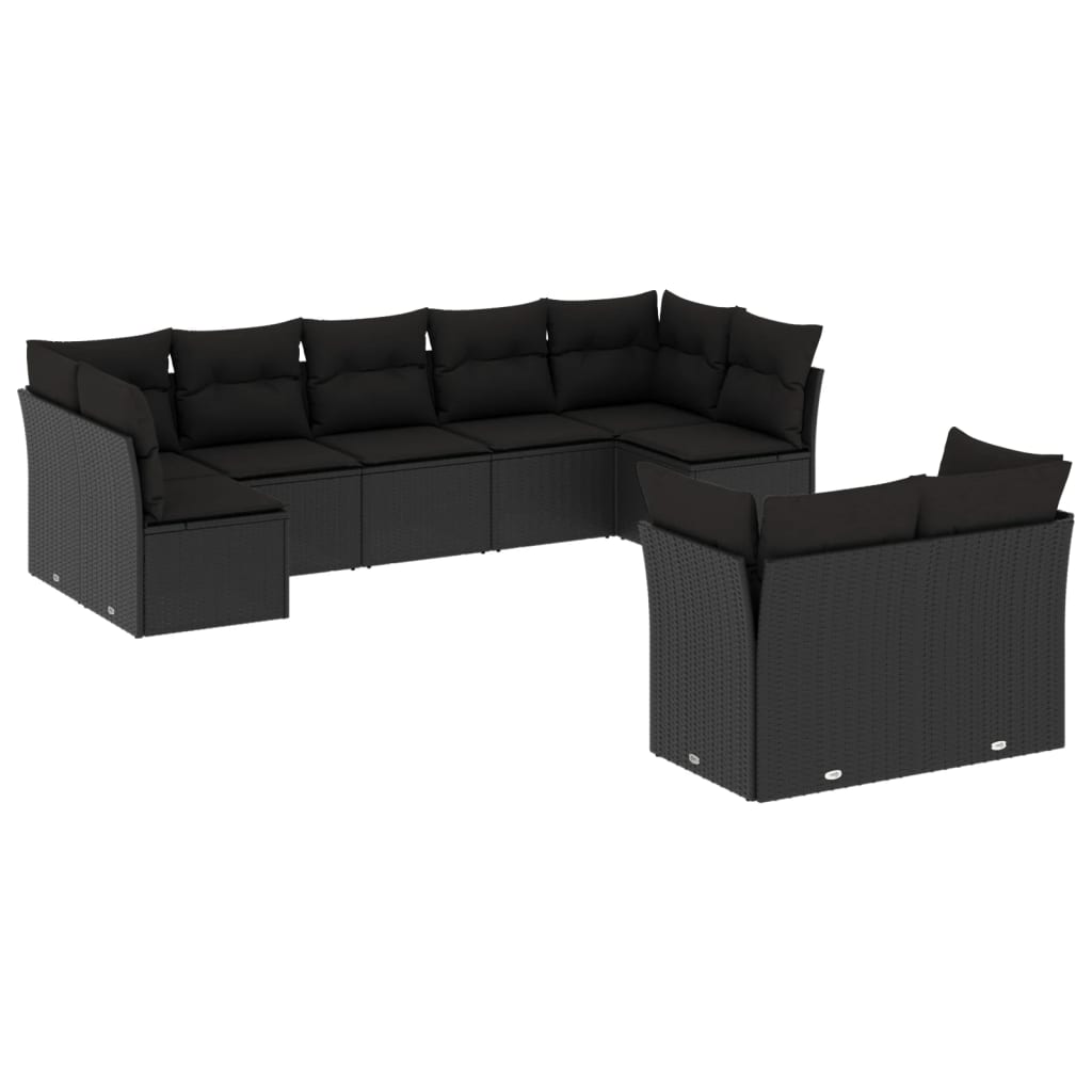 9-tlg. Garten-Sofagarnitur mit Kissen Schwarz Poly Rattan