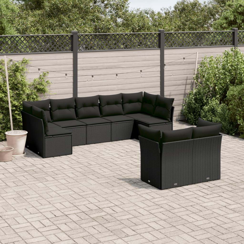 9-tlg. Garten-Sofagarnitur mit Kissen Schwarz Poly Rattan