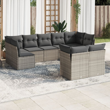 9-tlg. Garten-Sofagarnitur mit Kissen Grau Poly Rattan