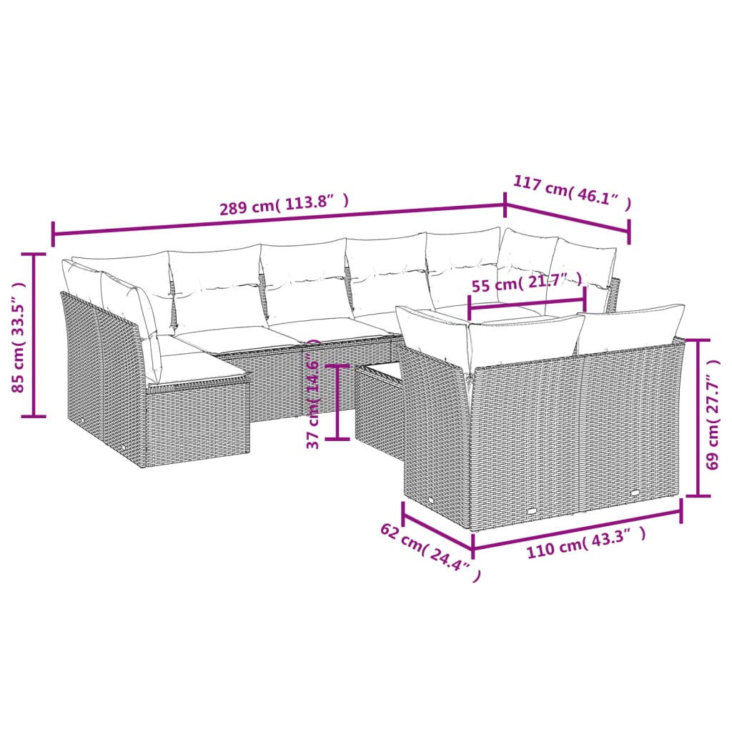 10-tlg. Garten-Sofagarnitur mit Kissen Schwarz Poly Rattan