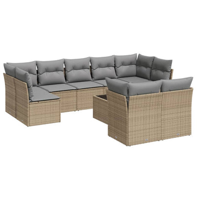 10-tlg. Garten-Sofagarnitur mit Kissen Beige Poly Rattan