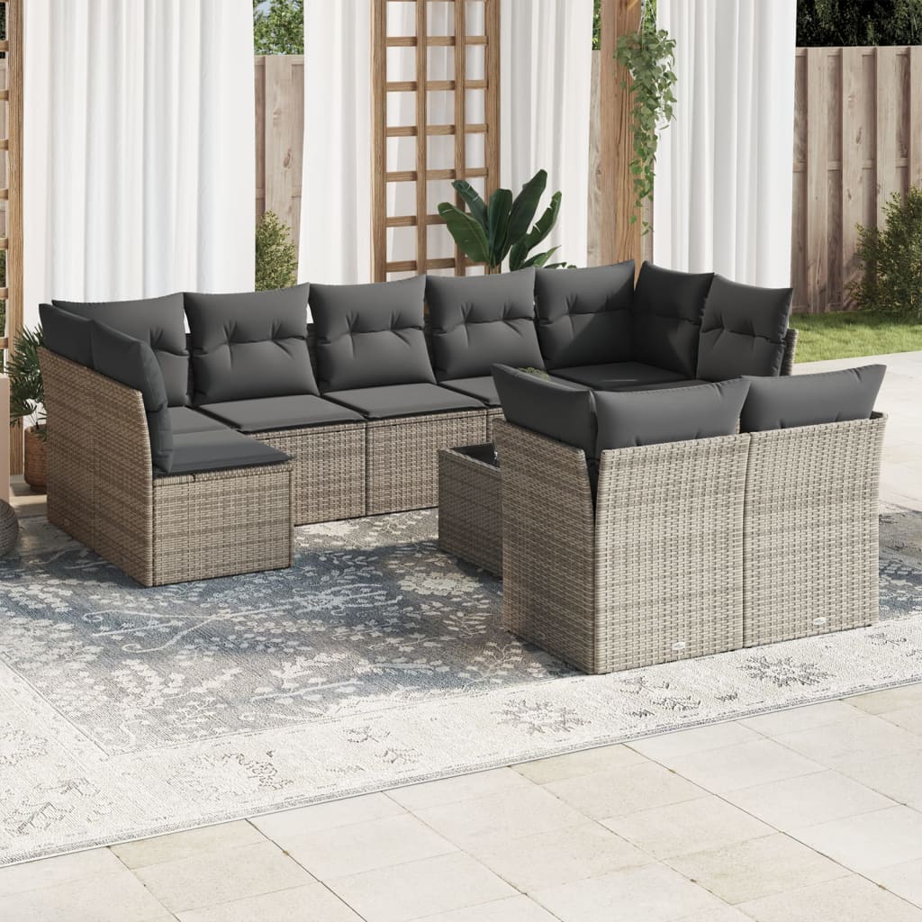 10-tlg. Garten-Sofagarnitur mit Kissen Grau Poly Rattan