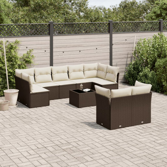 10-tlg. Garten-Sofagarnitur mit Kissen Braun Poly Rattan