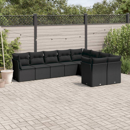 9-tlg. Garten-Sofagarnitur mit Kissen Schwarz Poly Rattan