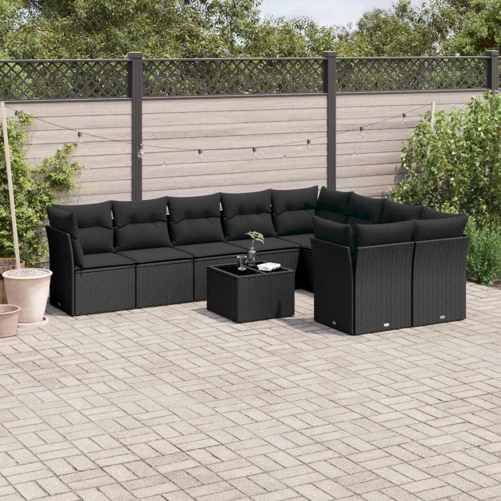 10-tlg. Garten-Sofagarnitur mit Kissen Schwarz Poly Rattan