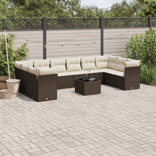 11-tlg. Garten-Sofagarnitur mit Kissen Braun Poly Rattan