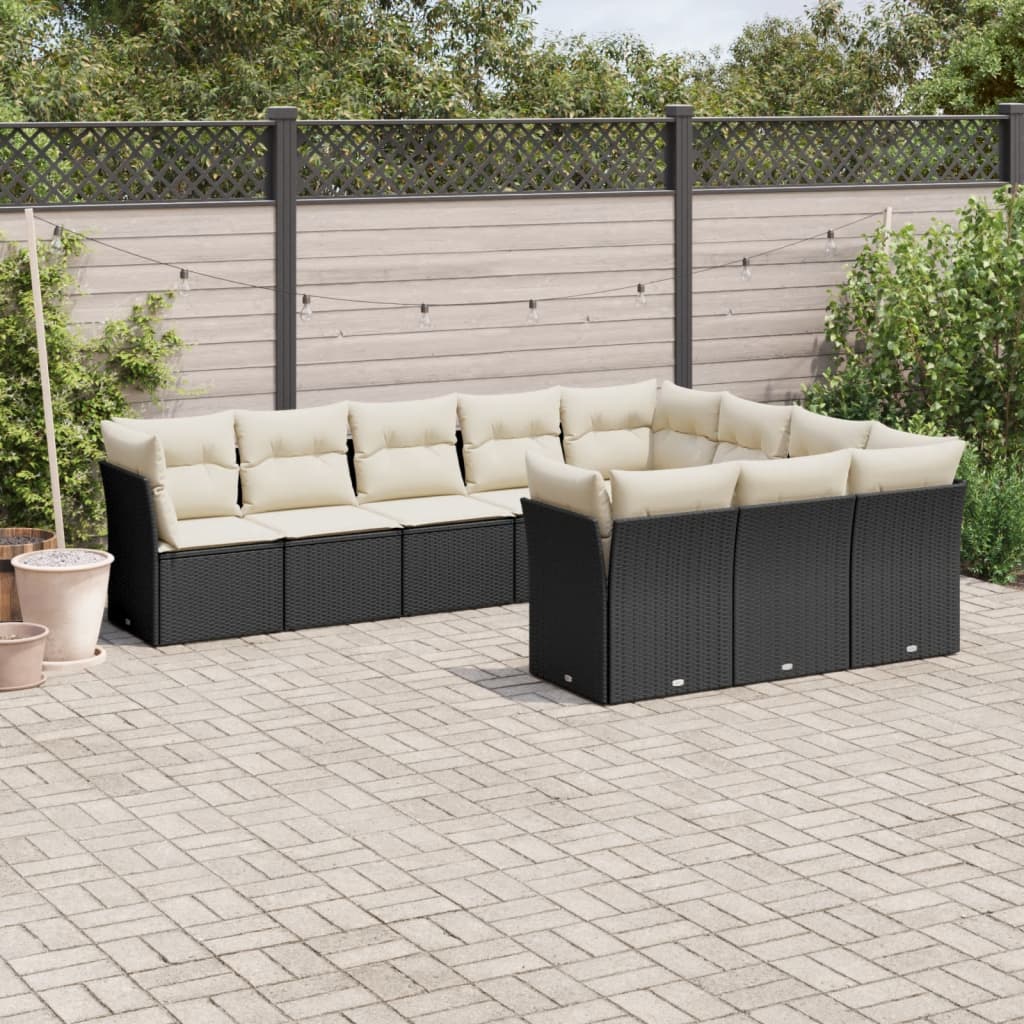 10-tlg. Garten-Sofagarnitur mit Kissen Schwarz Poly Rattan