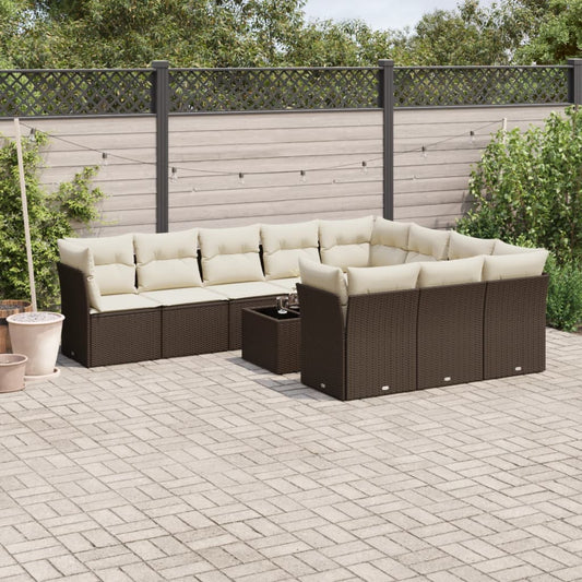 11-tlg. Garten-Sofagarnitur mit Kissen Braun Poly Rattan