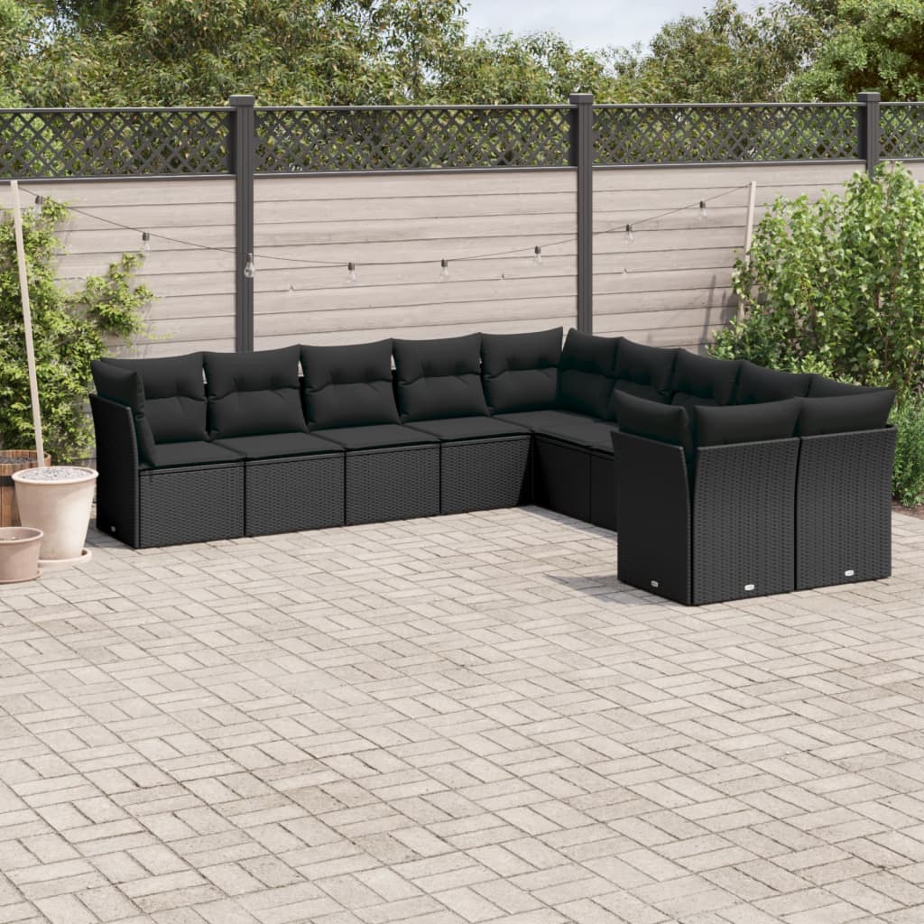 10-tlg. Garten-Sofagarnitur mit Kissen Schwarz Poly Rattan