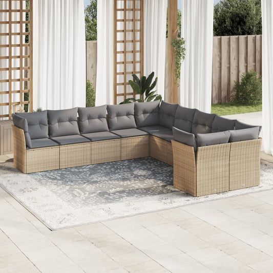 10-tlg. Garten-Sofagarnitur mit Kissen Beige Poly Rattan