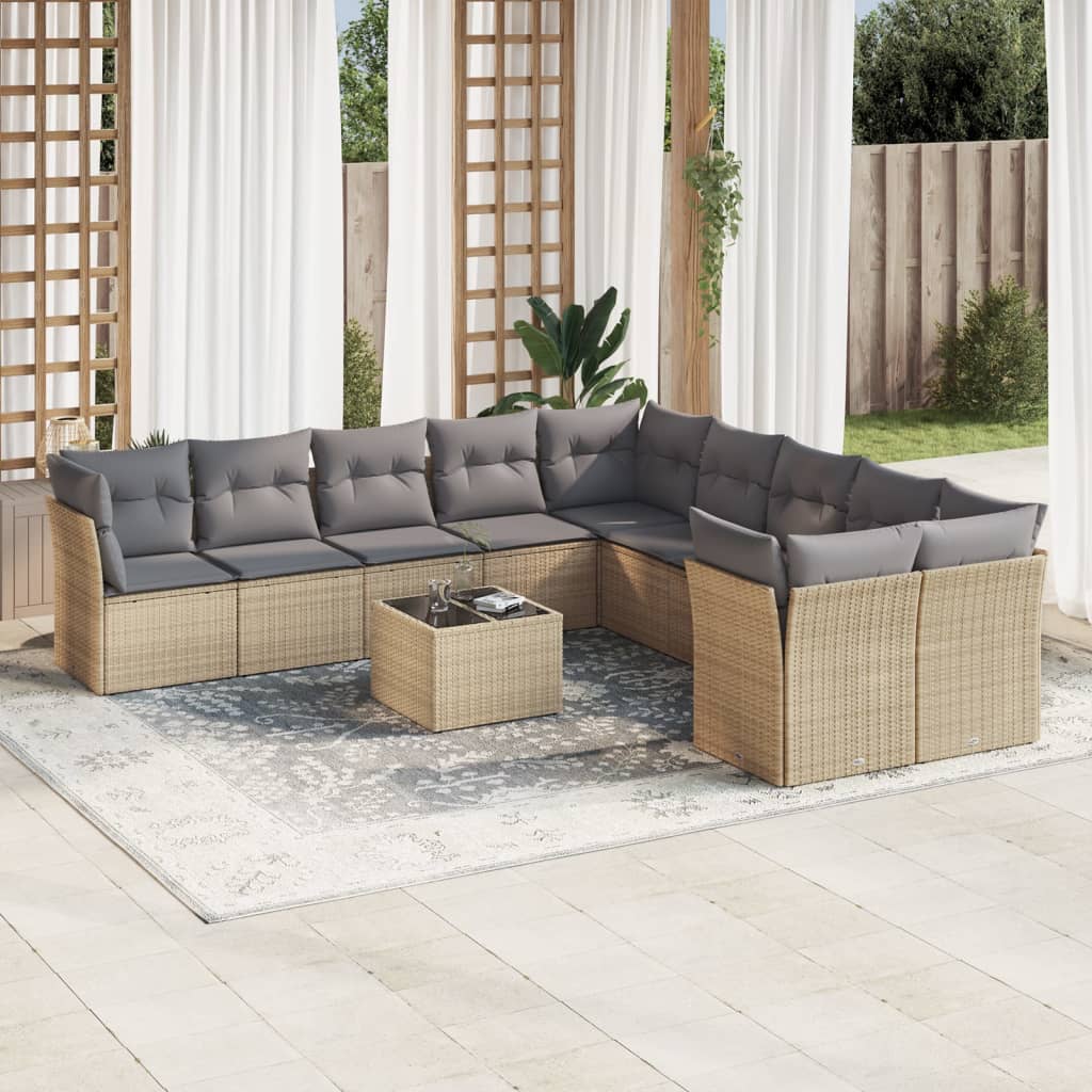 11-tlg. Garten-Sofagarnitur mit Kissen Beige Poly Rattan