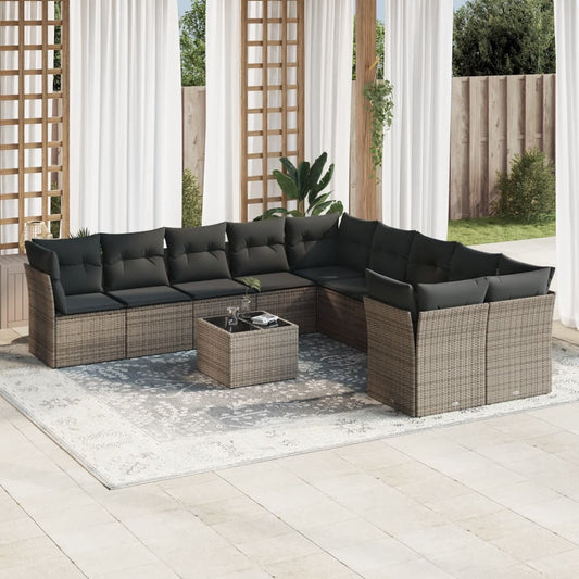 11-tlg. Garten-Sofagarnitur mit Kissen Grau Poly Rattan