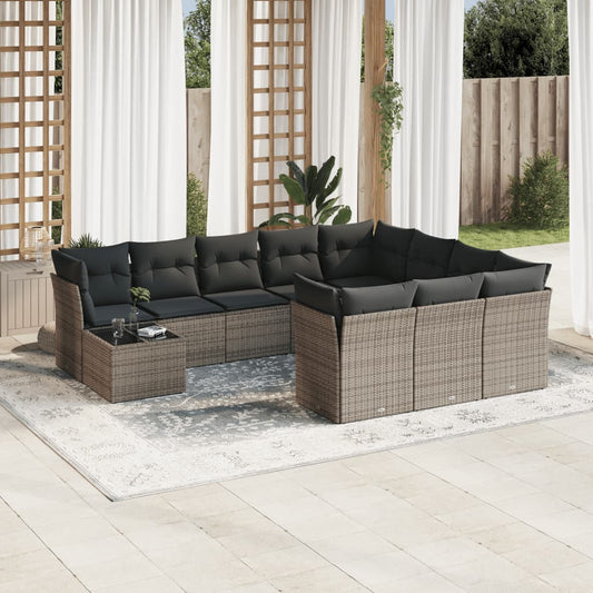 11-tlg. Garten-Sofagarnitur mit Kissen Grau Poly Rattan