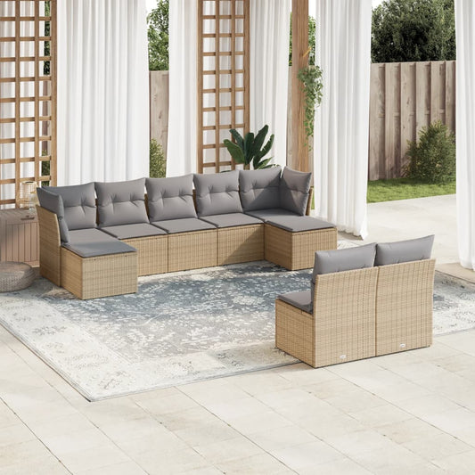 9-tlg. Garten-Sofagarnitur mit Kissen Beige Poly Rattan