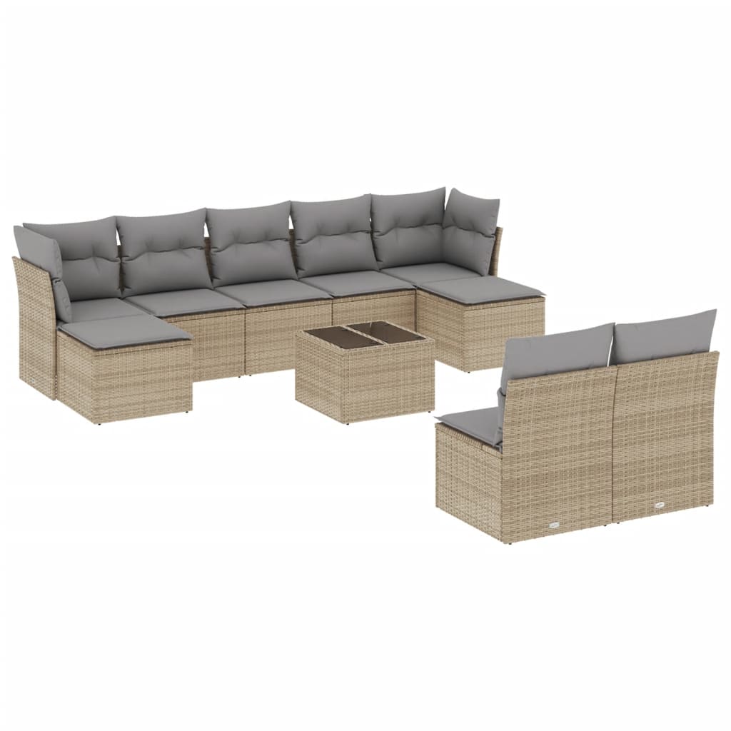 10-tlg. Garten-Sofagarnitur mit Kissen Beige Poly Rattan