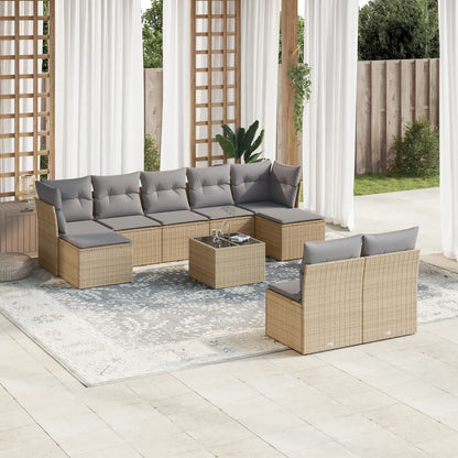 10-tlg. Garten-Sofagarnitur mit Kissen Beige Poly Rattan