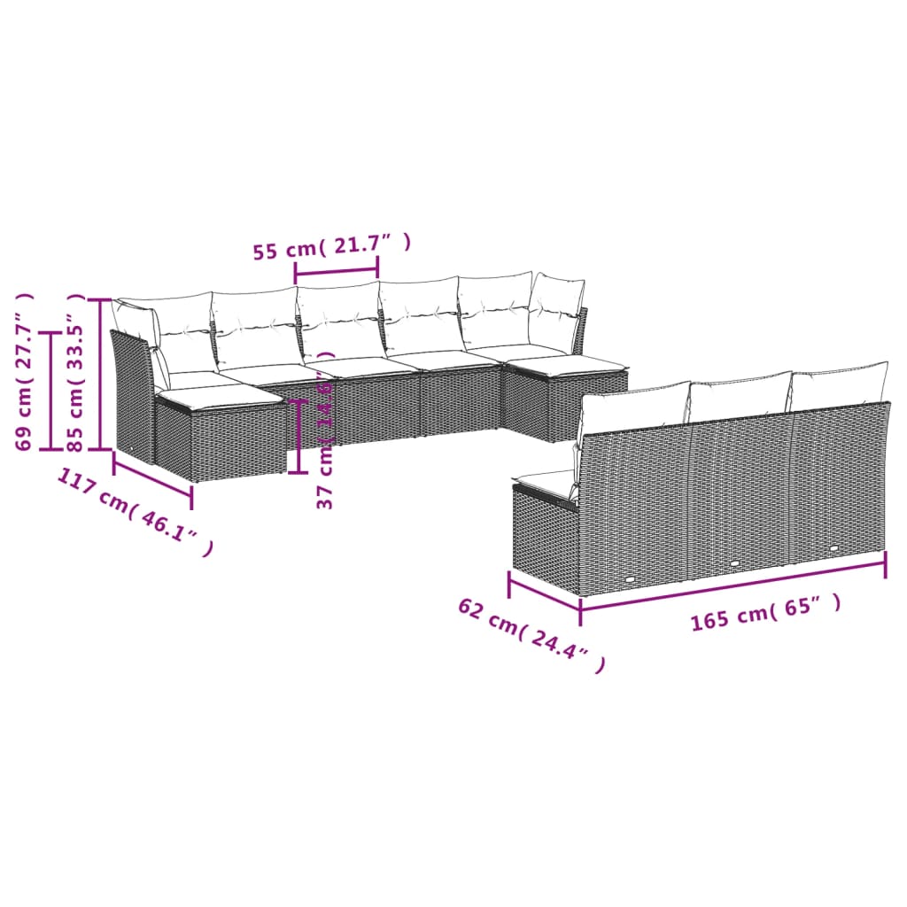 10-tlg. Garten-Sofagarnitur mit Kissen Schwarz Poly Rattan