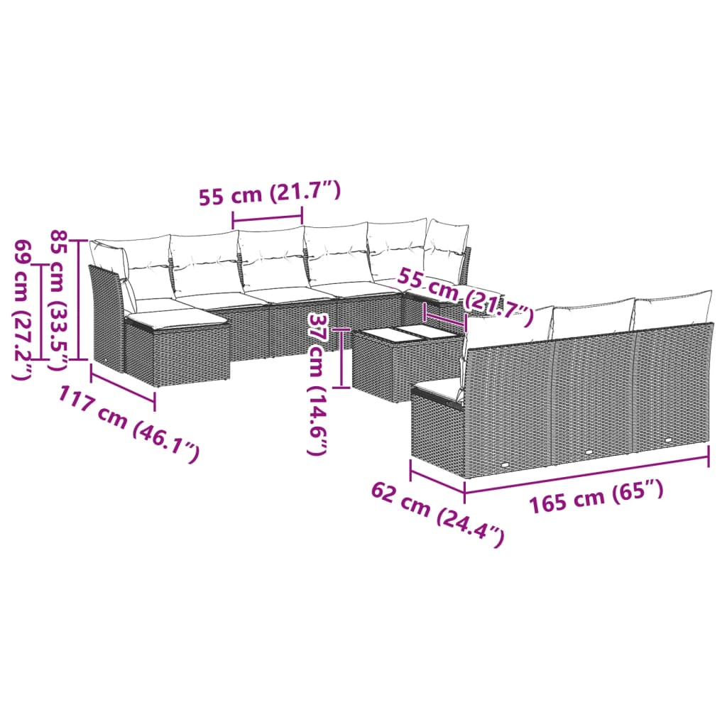 11-tlg. Garten-Sofagarnitur mit Kissen Hellgrau Poly Rattan