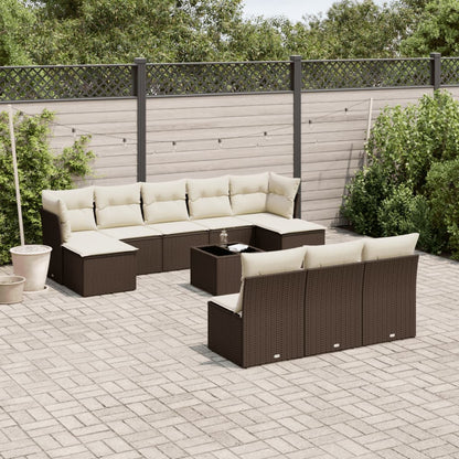 11-tlg. Garten-Sofagarnitur mit Kissen Braun Poly Rattan