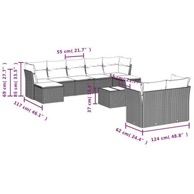 10-tlg. Garten-Sofagarnitur mit Kissen Schwarz Poly Rattan