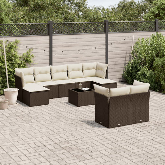 10-tlg. Garten-Sofagarnitur mit Kissen Braun Poly Rattan