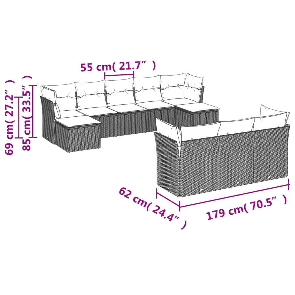 10-tlg. Garten-Sofagarnitur mit Kissen Hellgrau Poly Rattan