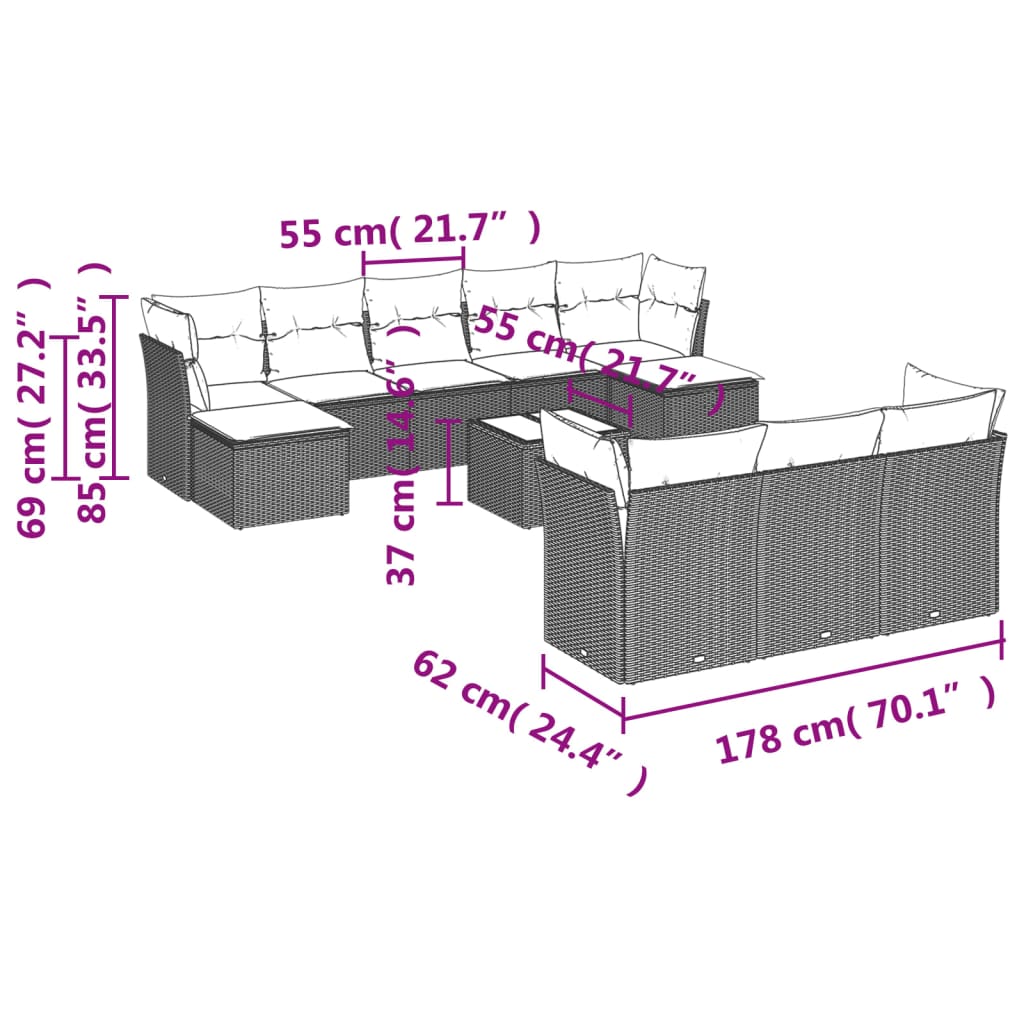 11-tlg. Garten-Sofagarnitur mit Kissen Grau Poly Rattan