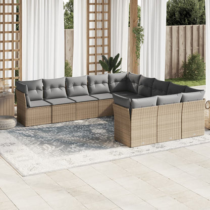 11-tlg. Garten-Sofagarnitur mit Kissen Beige Poly Rattan