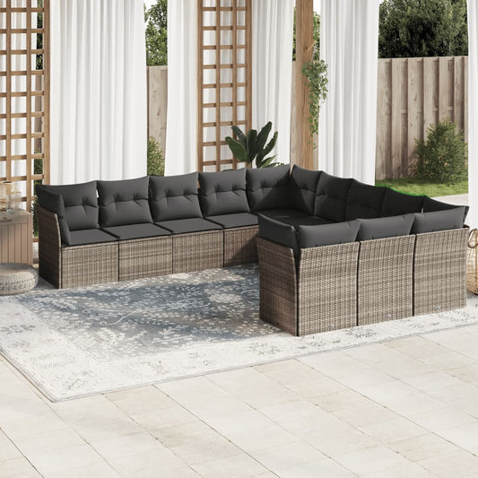 11-tlg. Garten-Sofagarnitur mit Kissen Hellgrau Poly Rattan