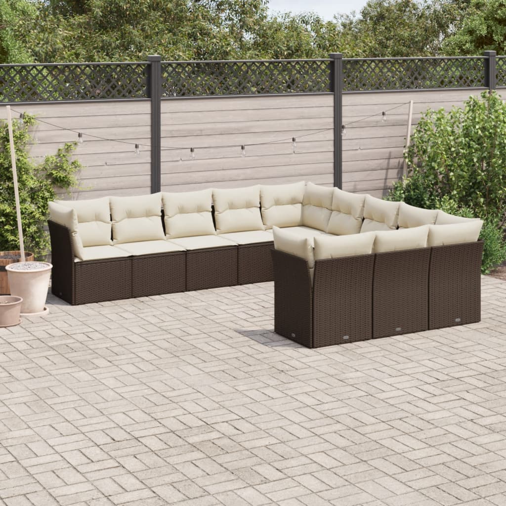 11-tlg. Garten-Sofagarnitur mit Kissen Braun Poly Rattan