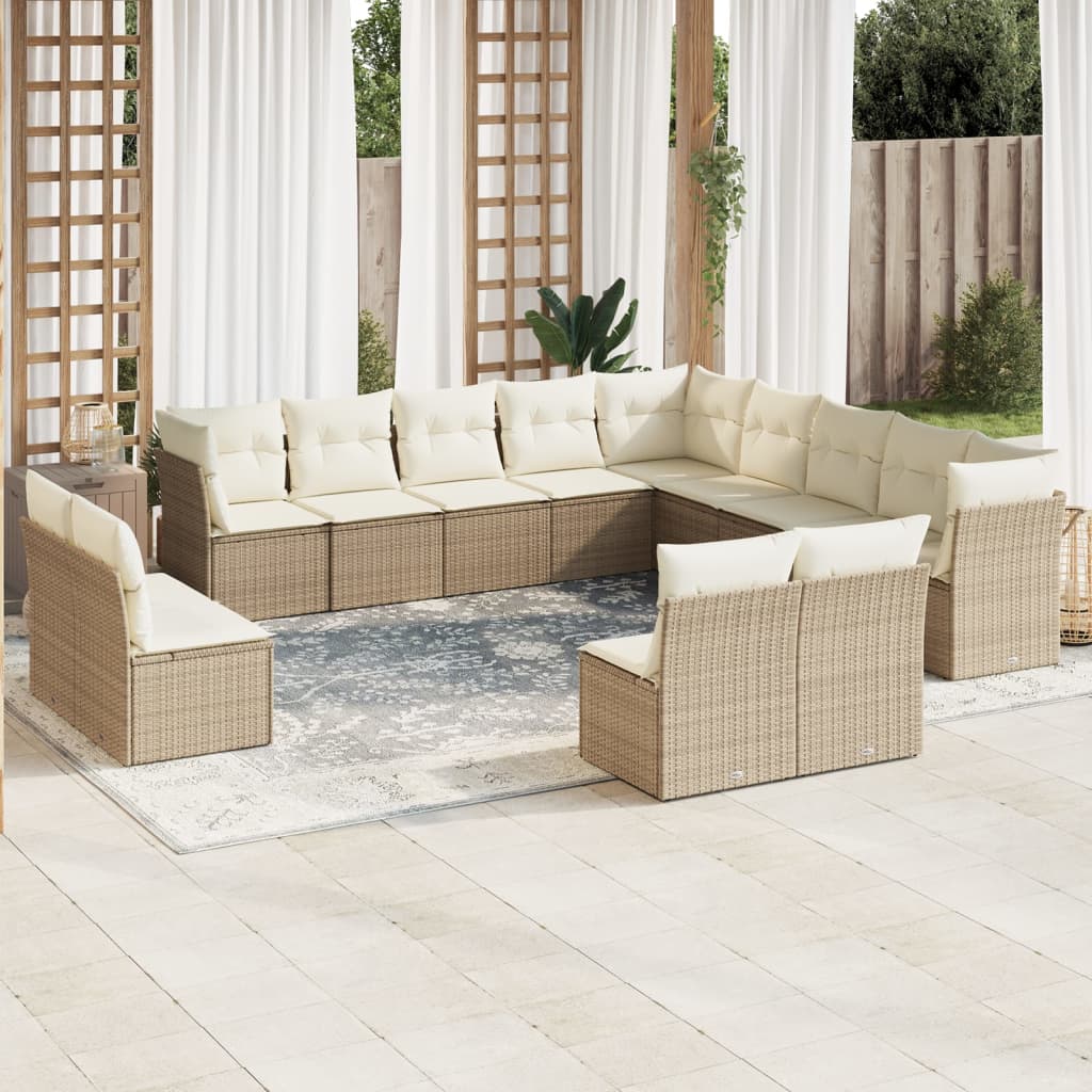 12-tlg. Garten-Sofagarnitur mit Kissen Beige Poly Rattan