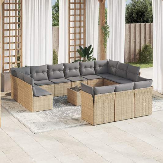 14-tlg. Garten-Sofagarnitur mit Kissen Beige Poly Rattan