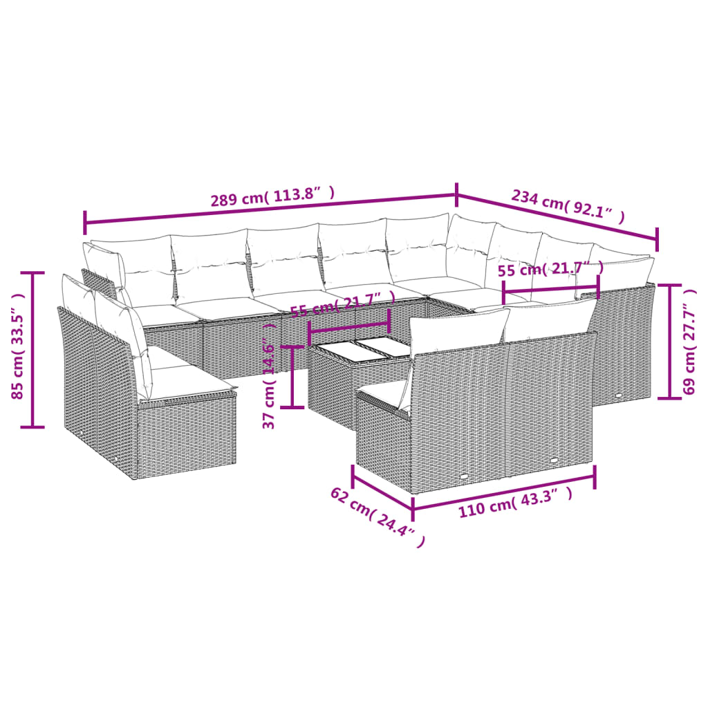 13-tlg. Garten-Sofagarnitur mit Kissen Beige Poly Rattan