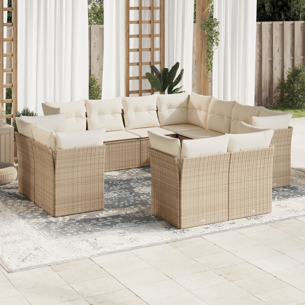 11-tlg. Garten-Sofagarnitur mit Kissen Beige Poly Rattan