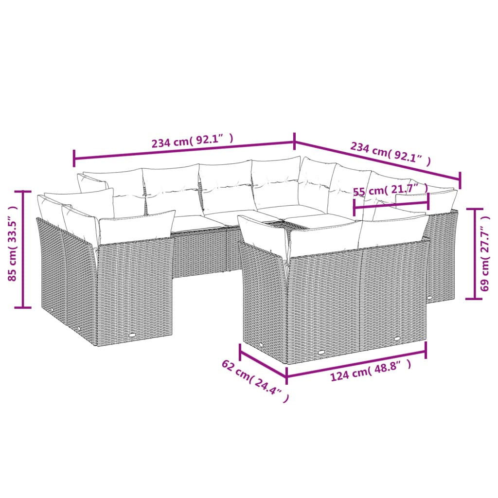 11-tlg. Garten-Sofagarnitur mit Kissen Hellgrau Poly Rattan