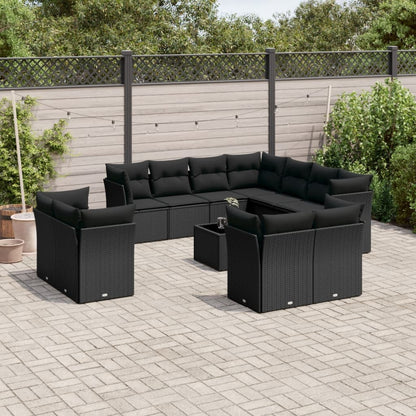 12-tlg. Garten-Sofagarnitur mit Kissen Schwarz Poly Rattan